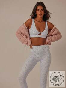 Aralina 休闲印花扭结露脐上衣和紧身裤运动健身两件套女装 - 淺灰紫 - 查看 5