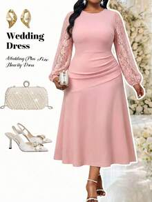 Fleurora 大码秋冬优雅派对婚礼鸡尾酒会音乐会/音乐节办公室粉色针织圆领主教袖撞色蕾丝中长长袖连衣裙 - 粉色 - 查看 1