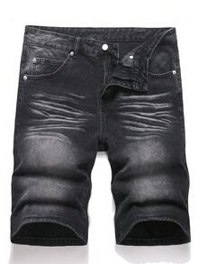 Manfinity Hypemode Spring/Summer Casual Washed Black Straight Loose Distressed Denim Shorts - Black - View 1