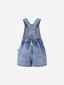SHEIN Young Girls Denim Bib Pants And Jumpsuit New Casual Fashion Pleated Skort Design Sweet School Style Light Blue Denim Jumpsuit Shorts - Blue - View 2