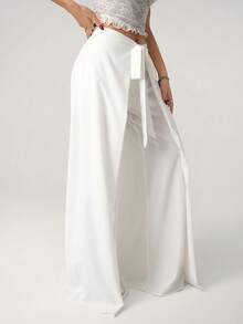 SHEIN ICON Waist Wrapped Design Casual Loose Wide Leg Pants - White - View 3