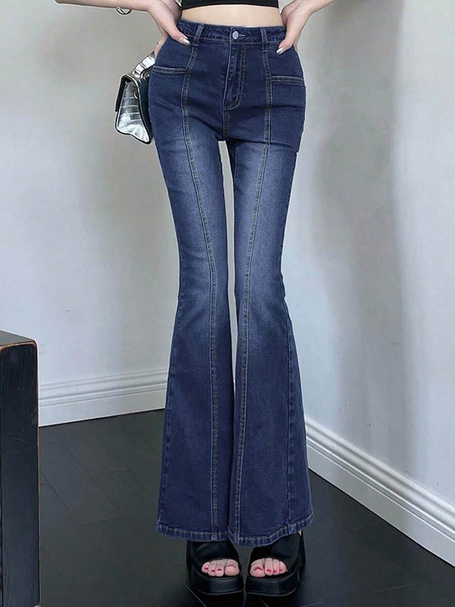 DAZY 女士休闲时尚前缝水洗修身喇叭牛仔裤 - 藍色 - 查看 1