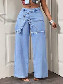 Slaydiva Quần jean denim tua rua thời trang thường ngày dành cho nữ - Màu xanh lam - Xem 4