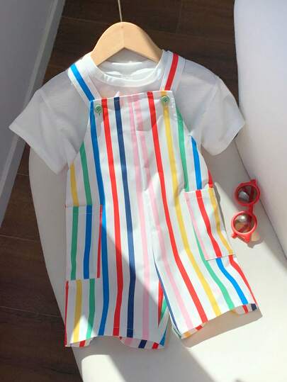 SHEIN 2pcs Kids Boys Fall/Winter Outfit Set, Colorful Striped Overalls Rompers, Comfortable Versatile Casual All-Match Stylish Suitable For Indoor, School, Daily Wear, Sports, Party