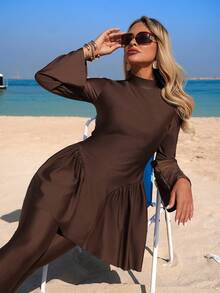 SHEIN Swim Mulvari Women's Spring/Summer New Modest Solid Color Burkini Set, Slimming Waist Drawstring Long Sleeve Top And Long Pants, Casual Middle East Resort Wear - Brown - View 3