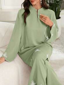 Lacomfia Women's V-Neck Embroidered Loose 2 Pieces Set, Spring/Summer Clothes For Ladies Blouse And Pants Set Formal For Women - Green - View 5