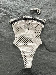 Swim Mod 1pc Women's Polka Dot Bandeau One-Piece Swimsuit, Lace Trim Design, Retro Chic Style Vacation Swimwear - White - View 1