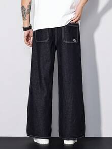 Manfinity Homme 男士复古美式刺绣宽松阔腿牛仔裤 - 深色水洗藍 - 查看 2