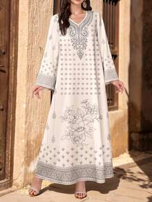 SHEIN Najma Floral Symmetry Design Pattern Print V-Neck Women's Long Sleeve Maxi Dress, Elegant Arabic Style Clothing, Spring/Summer - Multicolor - View 1