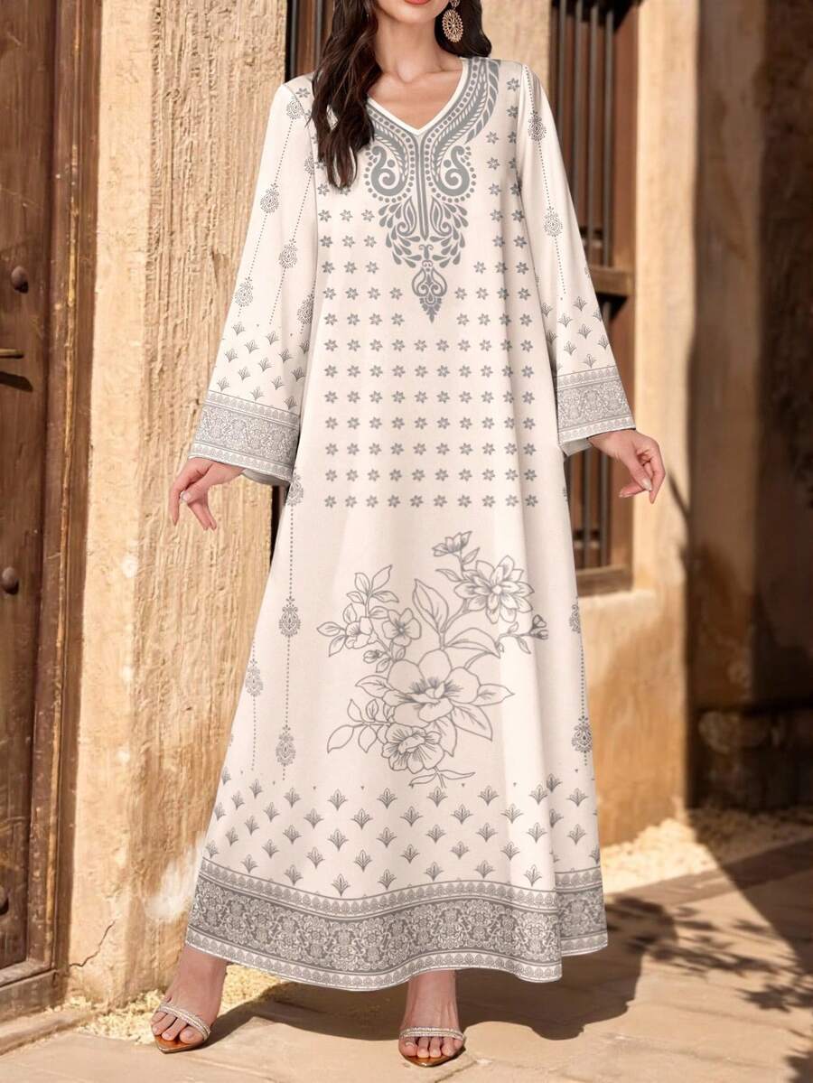 SHEIN Najma Floral Symmetry Design Pattern Print V-Neck Women's Long Sleeve Maxi Dress, Elegant Arabic Style Clothing, Spring/Summer - Multicolor - View 1