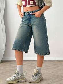 SHEIN 100% Cotton Low Waist Washed Denim Jort - Medium Wash - View 6