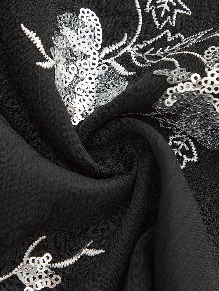 Black Long Sleeve Square Neck Top With Silver Metallic Floral Embroidered Pattern Spring Summer Sequin Top Party Top Shiny Top
