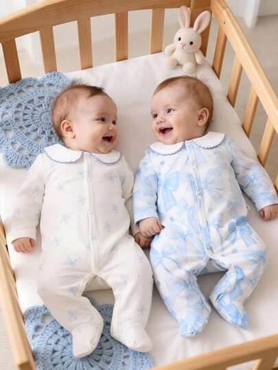 2pcs Newborn Elegant Light Blue Hand-Painted Bow, Heart & Dotted Pattern White Collar Blue Curved Trim Long Sleeve Romper Set