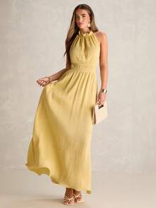 Enchnt Vestido feminino elegante de cor sólida, sem costas e com decote halter, ideal para o verão. - Amarelo - Ver 6