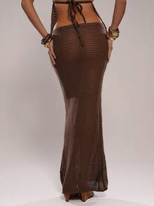 SHEIN BAE Women's Sequin Casual Versatile Date Night Knit Skirt,Spring/Summer New Arrival: A Brown Sequined Embroidered Shimmering Midi Skirt. Perfect For Beach Vacations, Beach Trips, Beach Parties, Dates, Nightclubs, Picnics, Parties, Music Festivals, Brunch, And Other Occasions. - Coffee Brown - View 2