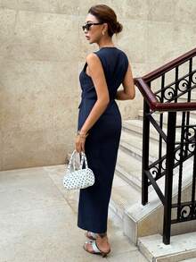 Siren Gaze V领无袖亚麻连衣裙，配腰带，修身开襟连衣裙，纽扣衬衫裙，休闲中长连衣裙，商务休闲连衣裙，夏季女士休闲连衣裙 - 藏蓝色 - 查看 2