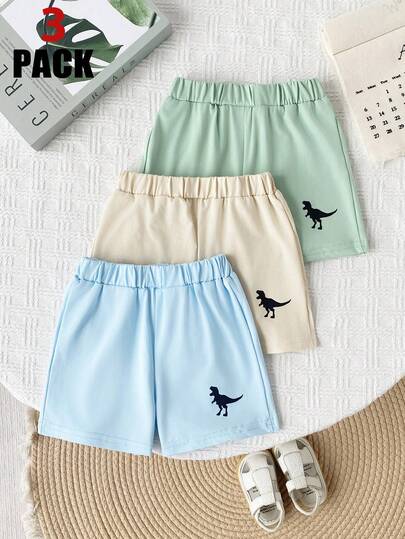SHEIN 3pcs Toddler Boys' Knit Sports & Casual Shorts Set In Green, Black, Gray, 94% Cotton, Sweat-Absorbing, Dinosaur Jacquard, New Spring/Summer Collection, Suitable For Home Or Outdoor
