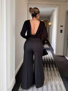 Elegant High-Waisted Flared Leg Double-Button Suit Pants For Women, Chic Urban Style, New Year's - View 2
