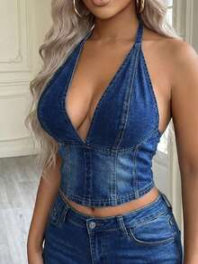 SHEIN ICON Women's Sexy Backless Halter Neck Denim Blouse For Summer - Dark Wash - View 3
