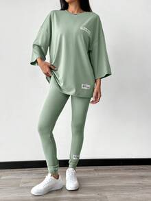 Mulvari 2pcs Women Letter Print Long Sleeve Top And Skinny Leggings Set - Green - View 4