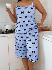 SHEIN Plus Size Women Bow Print Camisole & Capri Pajama Set - Blue - View 7