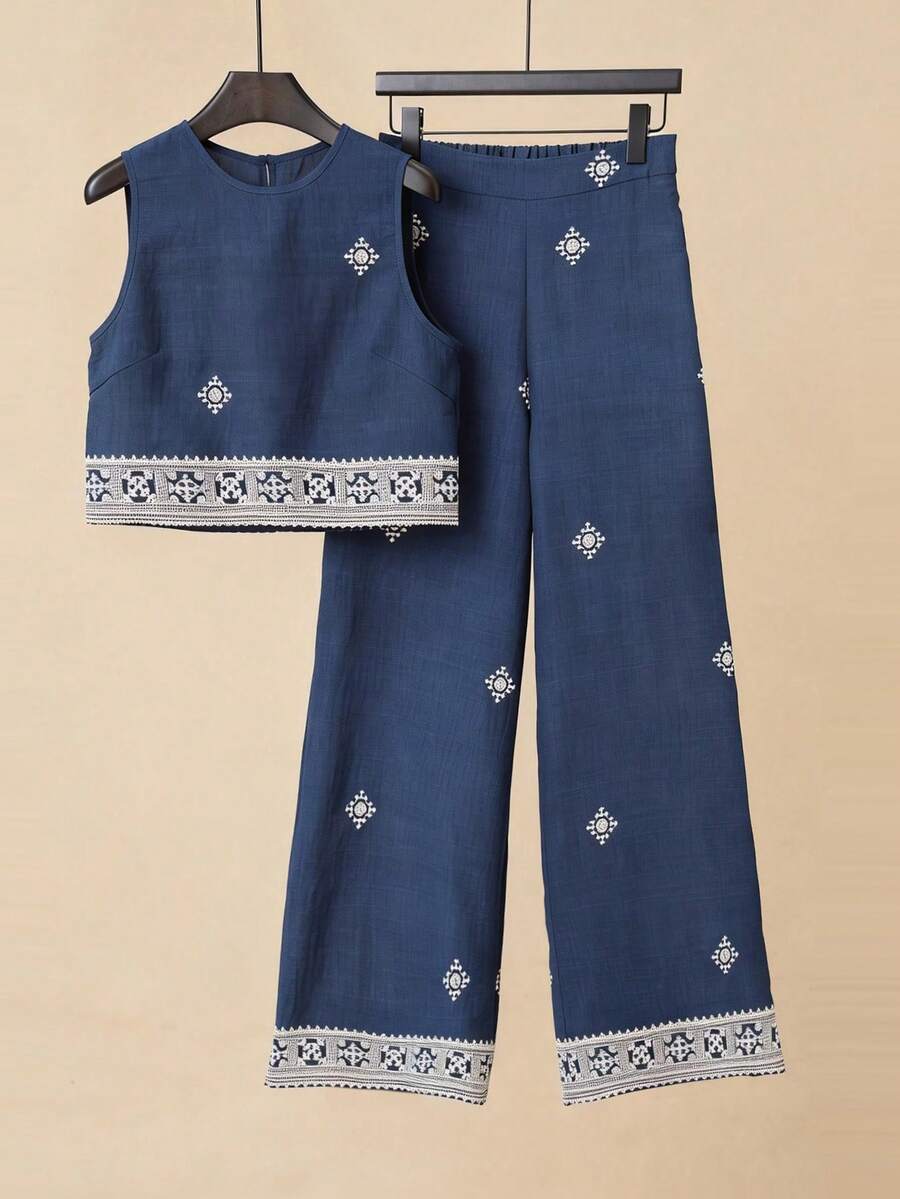 Franclia 假日休闲度假数码印花提花宽松吊带背心和直筒裤两件套 - 藏蓝色 - 查看 1