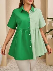 EMERY ROSE Plus Size Women's Sage Green Striped Patchwork Short Sleeve Button Down Shirt,Elegant Summer Smart Casual Everyday Work Blouse,Versatile Peplum Tops - Green - View 9