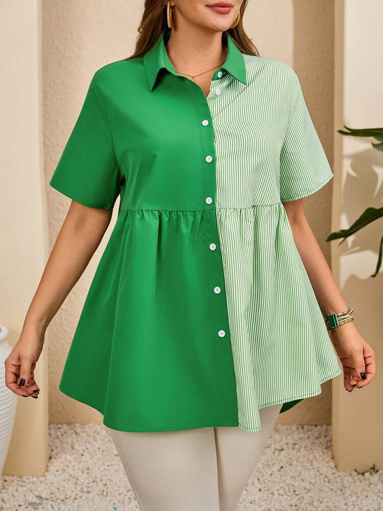 Plus Size Women Striped Patchwork Single-Breasted Casual Versatile Daily Wear Short Sleeve Shirt Plus Size Button Down Shirt Plus Size Summer Shirt Green Shirts For Women Shirt Dress Plus Size Summer Outfits Beach Vacation Outfits For Women BOHO Clothes Women's Work Tops Blouse For Women Casual Plus Size Plus Size Summer Shirts Blouse For Women Elegant Summer Outfits For Women Beach Outfit For Women Casual Vacation Outfits Women Country Concert Outfit Peplum