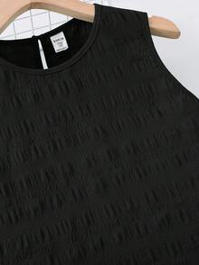 SHEIN 少女休闲无袖梭织纯黑色纹理面料套装，适合春夏度假、假日、午餐、音乐节、户外活动等场合穿着。 - 黑色 - 查看 6
