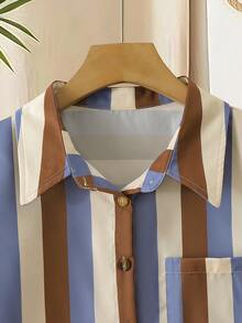 Franclia Camisa de manga corta con bolsillo, de estilo casual y de vacaciones, con botones delanteros y rayas - Multicolor - Ver 4
