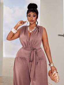Maweii Plus Size Backless Tie-Up Jumpsuit, Vacation & Party Style - Brown - View 3