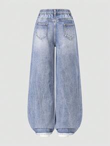 Quần jeans ống đứng màu xanh denim bạc màu, kiểu dáng thường ngày, có rách, dành cho bé gái tuổi teen. - Màu xanh lam - Xem 2