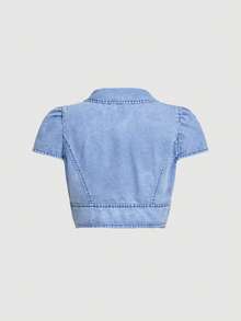 Sweetra 女士褶裥开襟休闲牛仔外套 - 藍色 - 查看 2