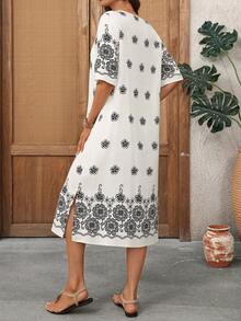 EMERY ROSE 女士印花V领中长款度假连衣裙，夏季 - 彩色 - 查看 2