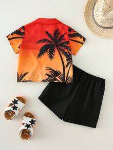 SHEIN Bộ áo sơ mi ngắn tay và quần short in hình cây dừa phong cách nghỉ mát mùa xuân/hè cho bé trai và bé gái, bộ đồ đi nghỉ mát cho bé, phong cách Hawaii. - trái cam - Xem 2