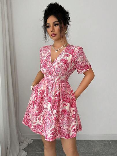 Elenzga Vestido corto elegante y casual con cuello en V, mangas con volantes, cintura con lazo y corte evasé, para primavera/verano