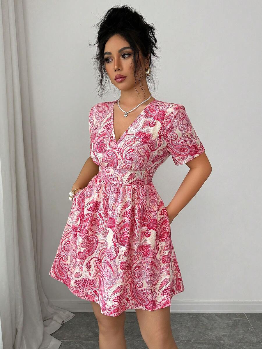 Elenzga Women's Elegant Casual Print V-Neck Ruffle Sleeve Waist Tie A-Line Short Dress, Spring/Summer - Hot Pink - View 1