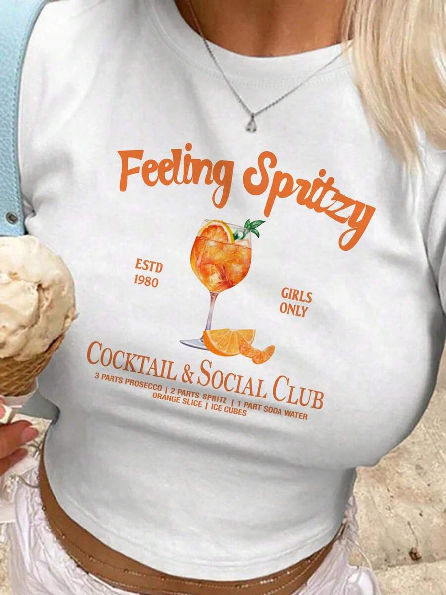 INAWLY 女士休闲度假饮料标语印花T恤 - 白色 - 查看 1