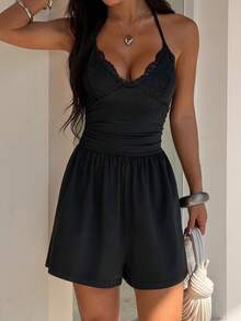 FavEase Bộ jumpsuit nữ mùa hè dáng rộng xếp ly màu đen có bèo nhún - màu đen - Xem 4