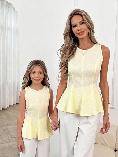 Easowa Women's Fashionable Floral Jacquard Ruffle Hem Sleeveless Blouse, Summer,Casual Clothes Summer Outfits Going Out Tops Women's Yellow Top Waist-Cinching Flared Elegant Top Summer Tops Casual Blouses For Women Going Out Tops For Women  Peplum Top