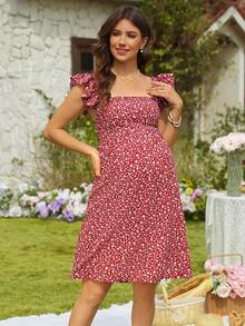 SHEIN Maternity Vacation Ditsy Floral Tie Back Cap Sleeve Casual Dress - Burgundy - View 2