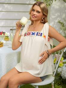 SHEIN 孕妇款女士刺绣休闲吊带背心 - 杏色 - 查看 4