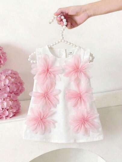 SHEIN Baby Girl Elegant Sweet Pink Dress With Peach Flower Decor, Summer