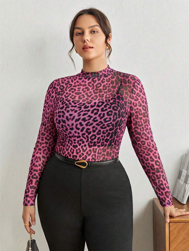 SHEIN Maija Plus Size Women Leopard Print Stand Collar Casual Versatile Daily Wear Long Sleeve Top Women's Long Sleeves Tops Women's Sheer Long Sleeve Top Pink Leopard Print Top Latest Tops For Women New Arrivals