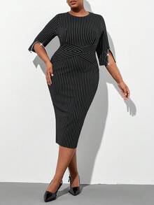 Chikora 大码女式中长款V领连衣裙，黑色七分袖黑白条纹铅笔裙，及膝V领通勤优雅修身连衣裙，办公室连衣裙，简约修身连衣裙 - 黑色 - 查看 8