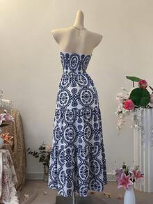 INAWLY Vestido casual de vacaciones de largo medio con estampado total tipo bandeau para mujer - Azul - Ver 2