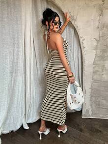 SHEIN SXY Women's Striped Bodycon Halter Neck Dress For Beach Vacation,Summer ,Spring ,Vacation,Beach , Ibiza, - Multicolor - View 2