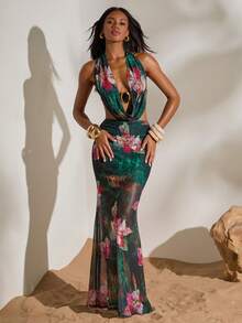 Opulessa Spring & Summer Vacation Knitted Mesh Printed Halter Backless Dress For Women,Summer Dresses For Women - Green - View 3