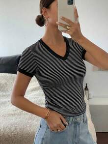 Livesso 女士条纹短袖修身T恤 夏季 - 黑與白 - 查看 3