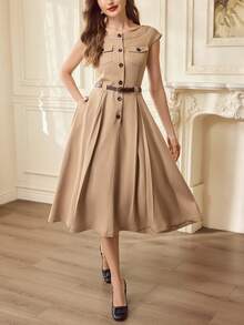 Vintamour Vintage klassisch elegantes Damenkleid, Frühling/Sommer tailliertes Raglanärmel Kleid, Jumpsuit Kleid mit Tasche, Knopfkleid, Khakikleid - Khaki - Übersicht 3